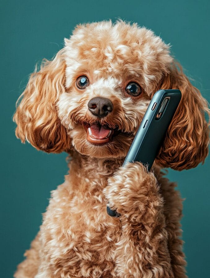 Eddy, der Pudel hält ein Telefon und wartet auf deinen Anruf